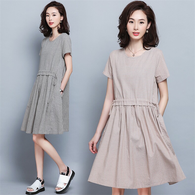 中长款复古条纹拼接短袖休闲连衣裙夏女宽松显瘦气质小裙子小个子，女装连衣裙，阿丹