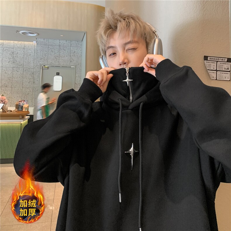 秋季美式复古假两件加绒加厚连帽卫衣半拉链外套D318-1P78控98，女装短外套，电商A335-1（原A458）