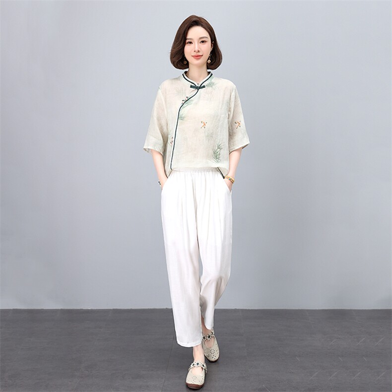 实体店同款2025夏新款苎麻印花衬衫立领手工盘扣体恤衫显瘦衬衣,女装套装/套裙,凝聚力