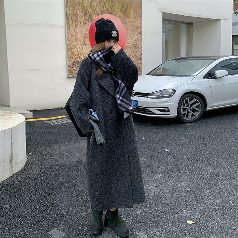 现货新款韩范中长款过膝双面羊绒大衣黑灰色高端毛呢外套女装,女装双面呢大衣,网红馆
