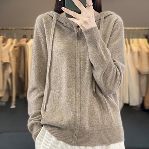 25秋冬新款100%纯羊毛开衫女连帽拉链带兜外套毛衣宽松羊绒衫外搭图片