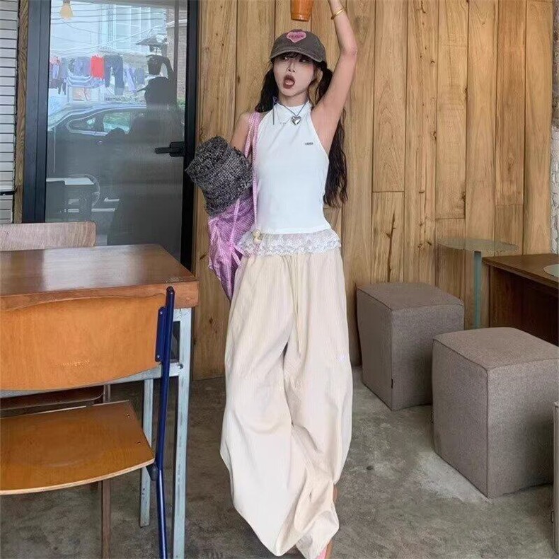 美式复古阔腿休闲裤女宽松显瘦撞色条纹小众慵懒风垂感高腰长裤潮,女装休闲裤,星座506A