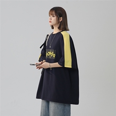 2025夏季新款创意字母印花休闲拼接港风T恤T1025/P35控49-棉，男装T恤，电商A148-1