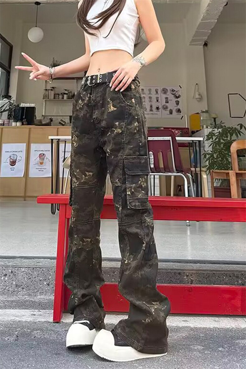 美式牛仔裤男春秋高街直筒长裤弯刀迷彩微喇叭裤KZ18N7019-TP55,男装牛仔裤,电商A247C