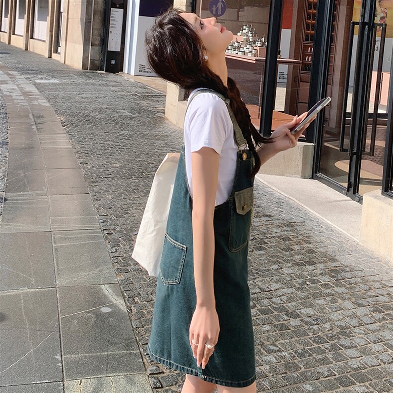 新中式风牛仔背带裙吊带连衣裙女宽松短T恤两件套夏新款小个子图片
