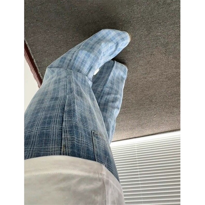 蓝格子半松紧腰微喇牛仔裤休闲裤直筒宽松长裤NC433,男装牛仔裤,星座1116A（原606A-3）