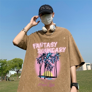 新款夏季潮流做旧水洗百搭印花纯棉圆领短袖T恤T61021 P40控58图片