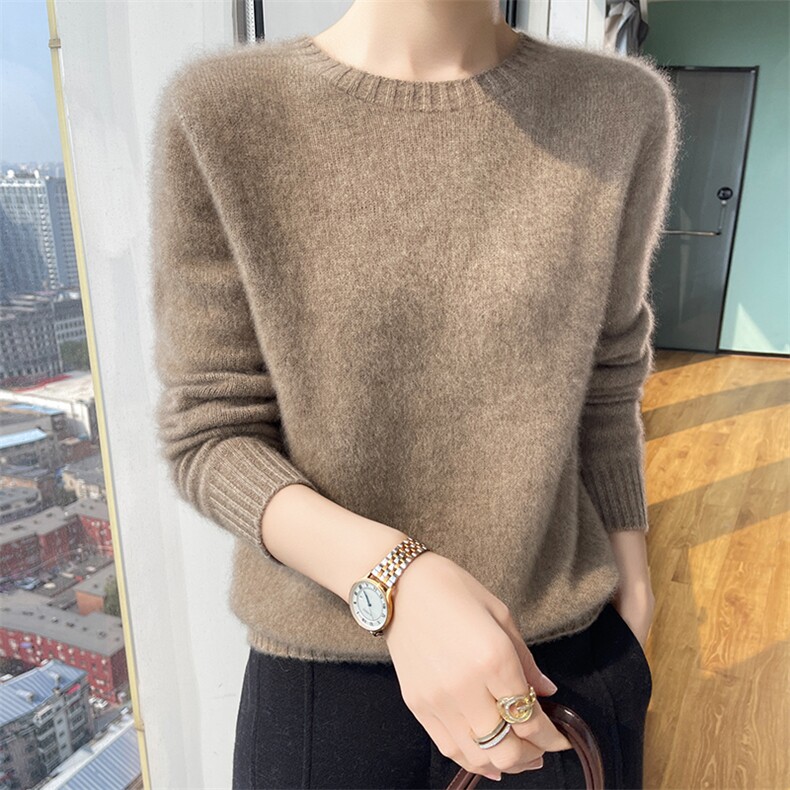 100%羊毛衫女无缝圆领软糯加厚纯色长袖毛衣宽松显瘦针织打底上衣,女装羊毛衫,美轩羊绒