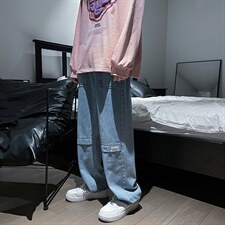 牛仔裤男秋季美式潮牌ins水洗做旧直筒裤高街休闲阔腿裤NB20-P40，男装牛仔裤，星座1008-2