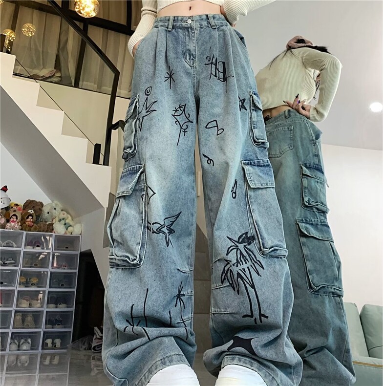 复古多口袋工装裤秋冬水洗牛仔裤街头阔腿休闲裤子网图NZK822-P75图片