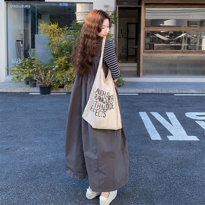 条纹T恤工装背带连衣裙套装女春秋2025新款学院风减龄设计两件套,女装套装/套裙,2C007