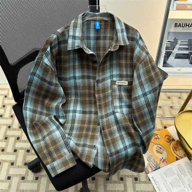 F692P33复古格子衬衫男士长袖春秋季新款宽松外套日系潮流衬衣服,男装衬衫,星座512-6