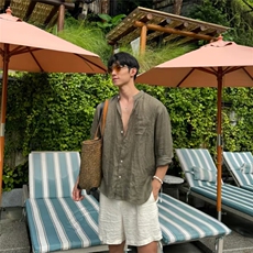 老钱风立领亚麻衬衫男士夏季痞帅慵懒松弛感休闲度假防晒衬衣937，男装防晒衣，星座710