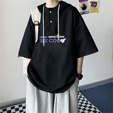 夏季港风冰丝宽松连帽短袖t恤五分体恤上衣TLM2235-P40控58，男装T恤，电商B370