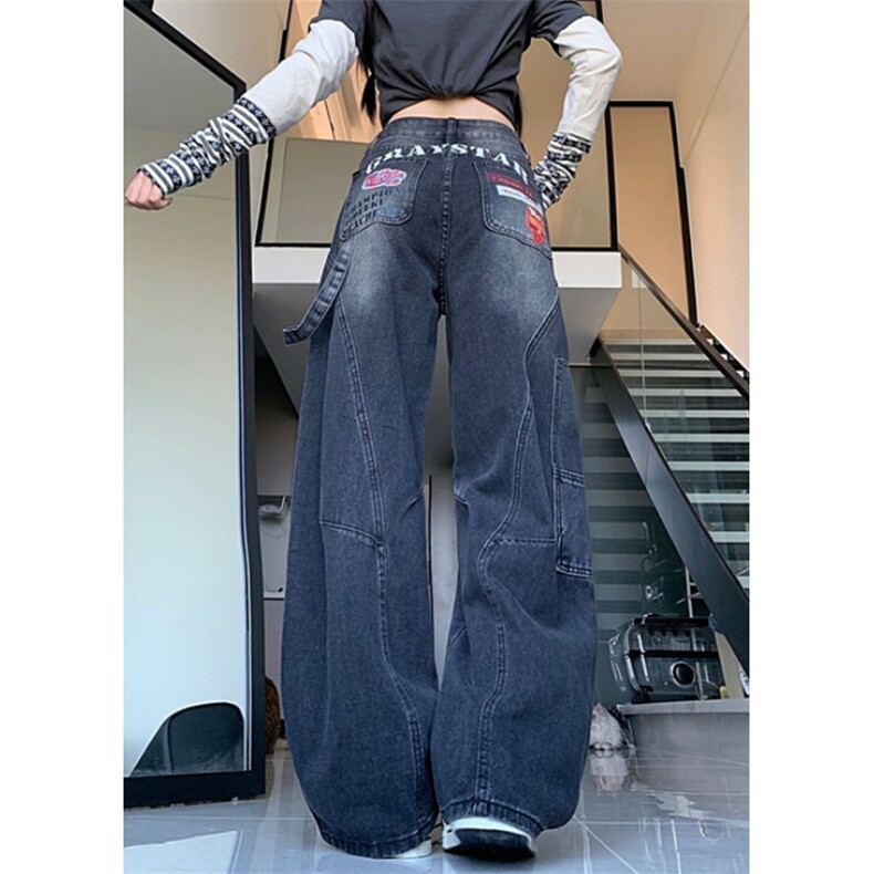 复古水洗解构弯刀牛仔裤女2026设计感印花显瘦阔腿裤NB108,男装牛仔裤,星座1116A（原606A-3）
