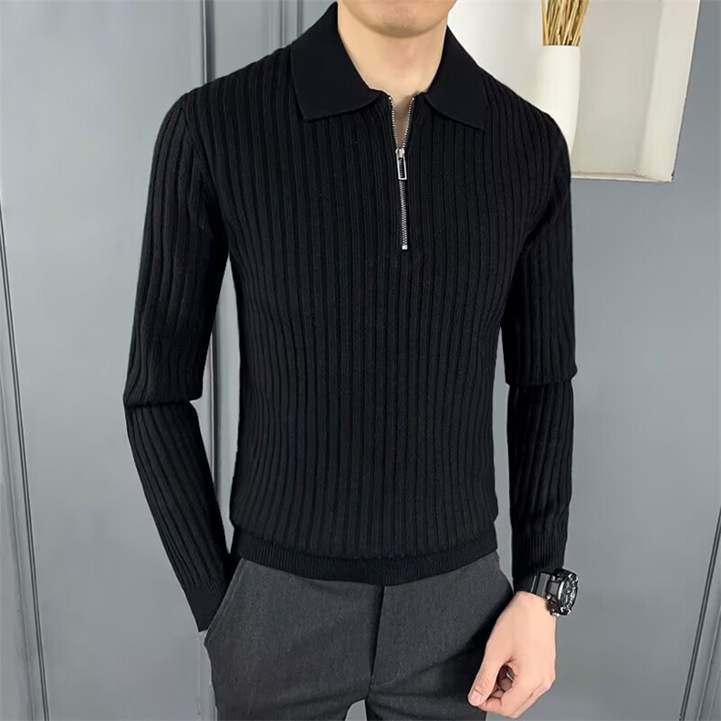休闲轻奢翻领男polo衫简约纯色细条磨毛通勤针织毛衣,男装针织衫/毛衣,星座410-6（原星座1304-1）