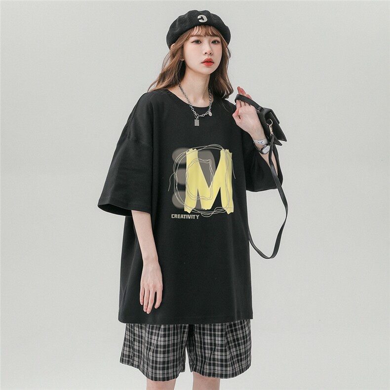 中性风3D字母M印花100棉宽松百搭新款短袖T恤T6079P25控38图片