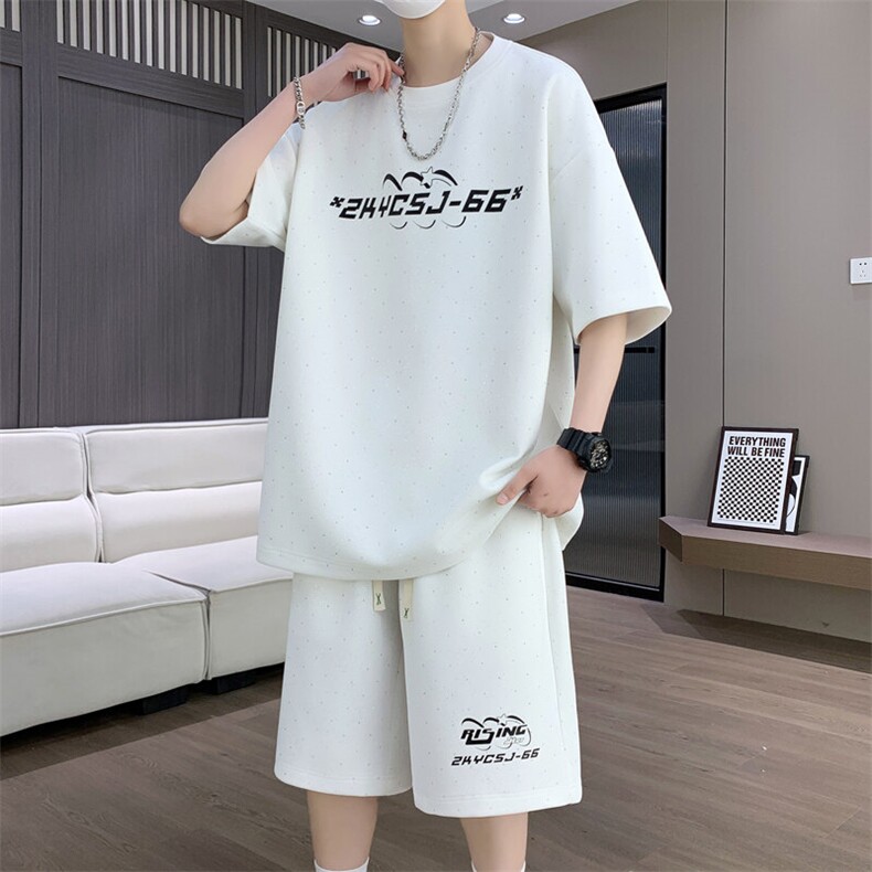 港风套装男宽松菠萝格满天星圆领短袖T恤短裤痞帅套装TZ6628-P50,男装休闲套装,星座310B-3