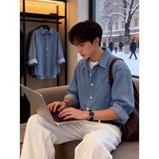 男士复古牛仔衬衫男春季宽松上衣痞帅男装长袖外套新款WLC733-P45，男装衬衫，星座1008