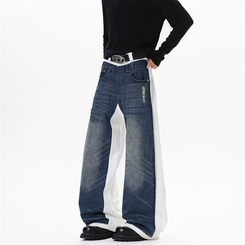 【现货】XZ1218BK7092特价P52美式高街直筒宽松蓝白拼接牛仔裤,男装牛仔裤,星座1218（原611-3）