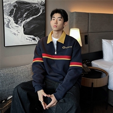 2025秋新款美式复古拉链撞色Polo领长袖套头卫衣GW056-P65-控89，男装卫衣，星座216(原A116)