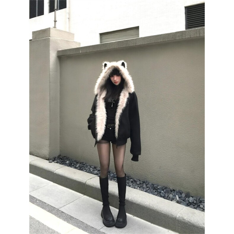 网图座山雕秋冬季连帽猫耳朵棉衣男女情侣装棉服外套潮流特P99,男装棉衣,电商C306-1