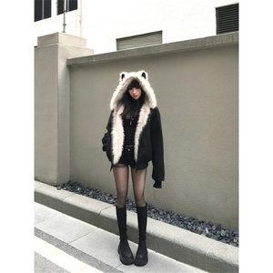 网图 座山雕秋冬季连帽猫耳朵棉衣男女情侣装棉服外套潮流 特P99图片