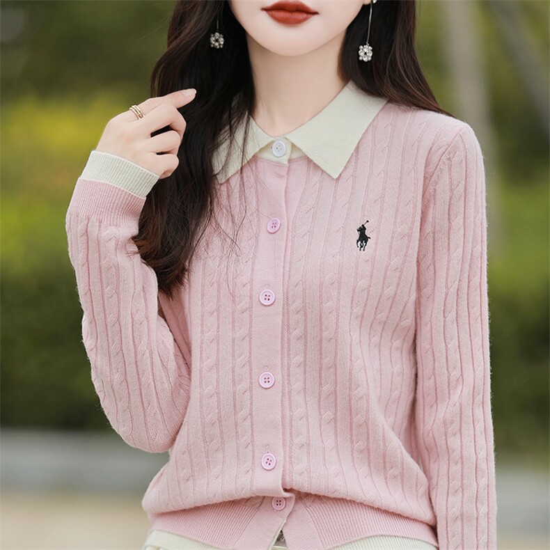 羊毛开衫女假两件针织衫Polo领上衣秋冬拼色毛衣外套,女装羊毛衫,片语羊绒