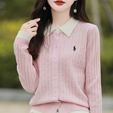 羊毛开衫女假两件针织衫Polo领上衣秋冬拼色毛衣外套，女装羊毛衫，片语羊绒