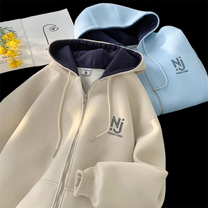904-2-CD603-P68控98秋冬重磅撞色连帽开衫双开头宽松男女刺绣潮图片