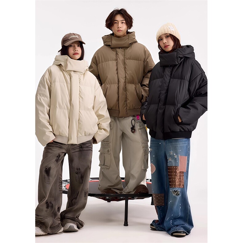 现货5W件冬季三防重磅boxy短款羽绒连帽PU皮棉衣外套防风加厚棉服，男装棉衣，电商A486