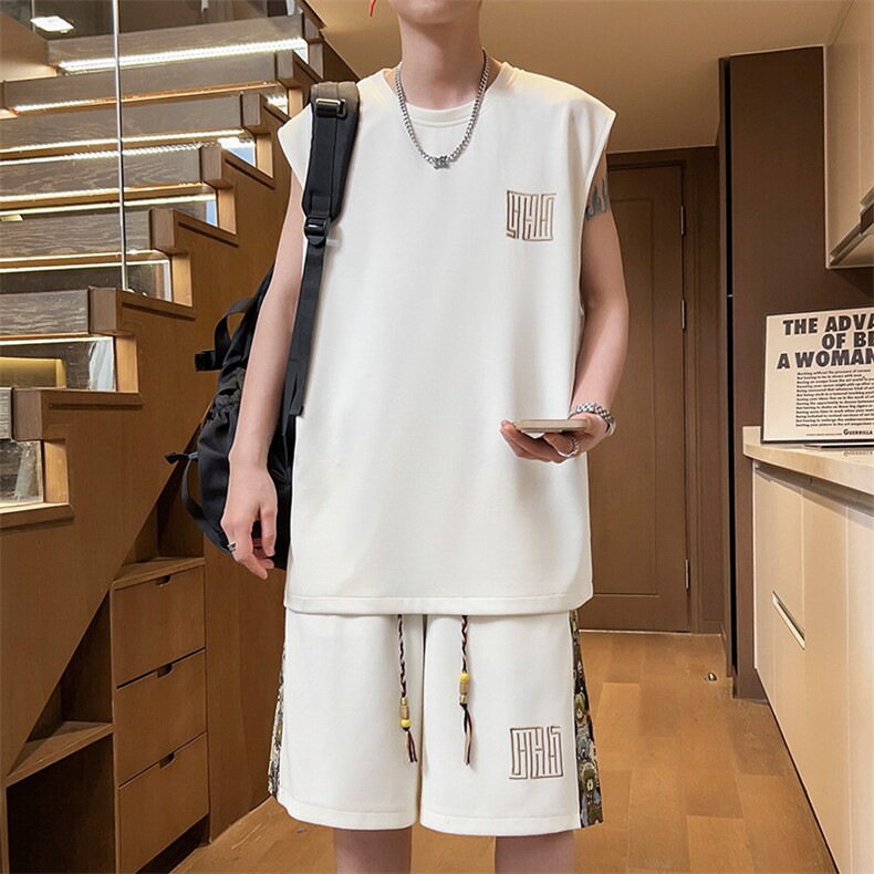 男士无袖T恤休闲运动套装男夏季五分短裤两件套潮A266-TZ1107-P43,男装T恤,电商A266