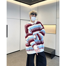 美式蓝白条纹连帽毛衣男女冬季慵懒风撞色情侣针织衫MZ733-P72，男装针织衫/毛衣，星座412-2