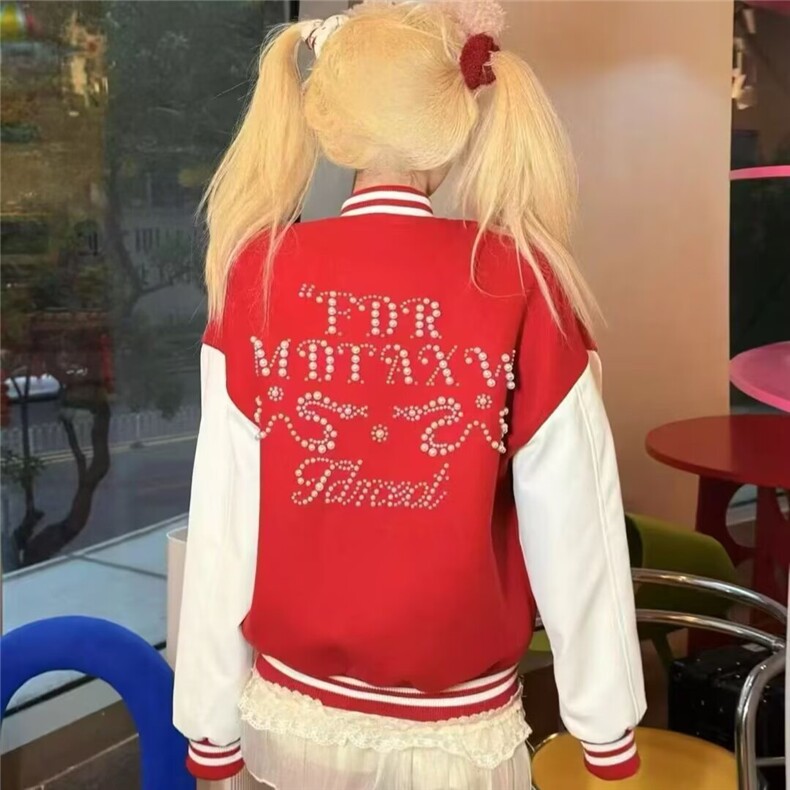 网图红色棒球服女珍珠钉珠重磅外套vintage夹克,男装夹克,星座410-7