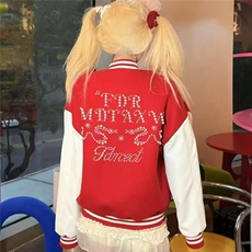 网图红色棒球服女珍珠钉珠重磅外套vintage夹克，男装夹克，星座410-7