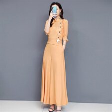 时尚套装女2025夏季修身显瘦粉色低领短袖上衣a字半身长裙两件套，女装套装/套裙，江南富贵女