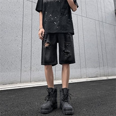 美式宽松水洗高街休闲五分裤夏季新款黑色破洞牛仔短裤YS231P37，男装牛仔裤，星座1013-1