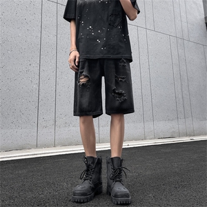 美式宽松水洗高街休闲五分裤夏季新款黑色破洞牛仔短裤YS231 P37图片
