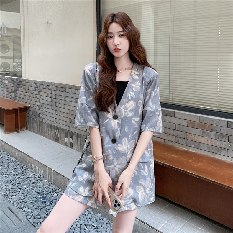 水墨印花西装套装女2025年夏季新款法式高级感休闲阔腿短裤两件套,女装套装/套裙,2C375