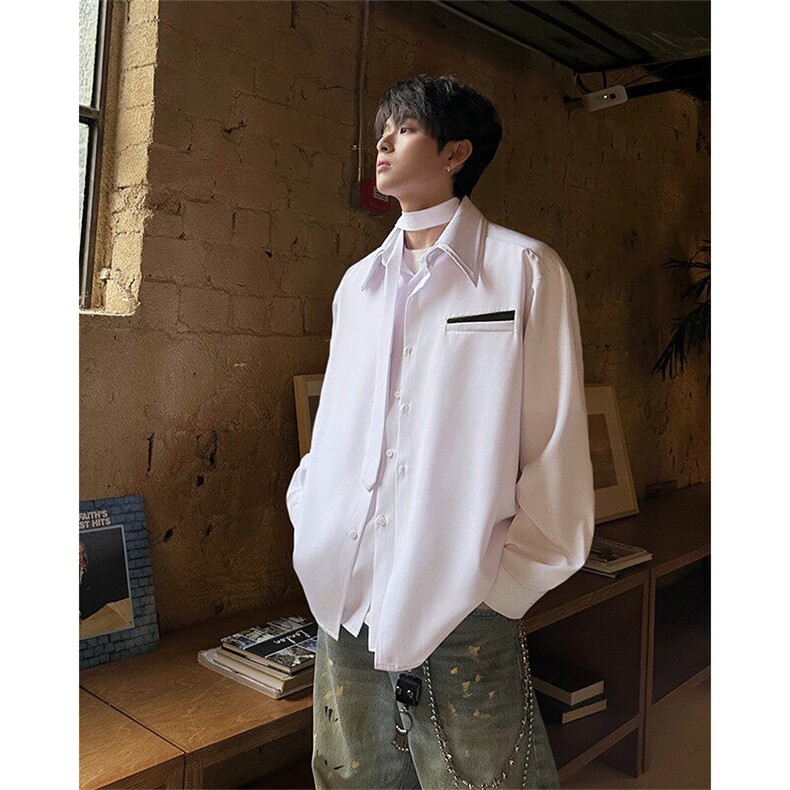 层次感拼接真两件衬衫外套搭配同色系可拆卸领带四季可穿衬衫P50，男装衬衫，电商B319