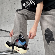 美式vibe裤子高街灰色破洞牛仔裤男设计拉链开叉微喇裤Q6070-P48，男装牛仔裤，星座1001-1