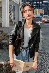 咖色酷飒机车风皮衣外套女2025年秋季新款小个子气质百搭PU皮夹克图片