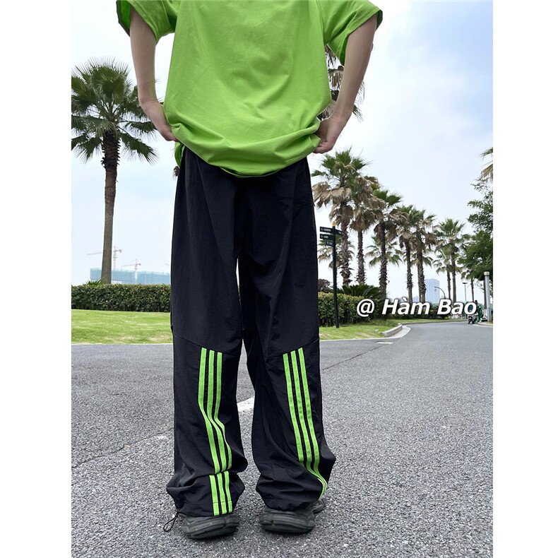 现货夏日多巴胺速干休闲裤三条杠撞色伞兵裤2XZ502-K678-P55控79,男装休闲裤,星座502