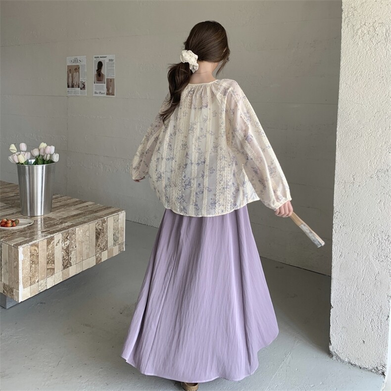 少女风蕾丝碎花衬衫半身裙套装女夏减龄独特漂亮多巴胺穿搭两件套,女装套装/套裙,2C057