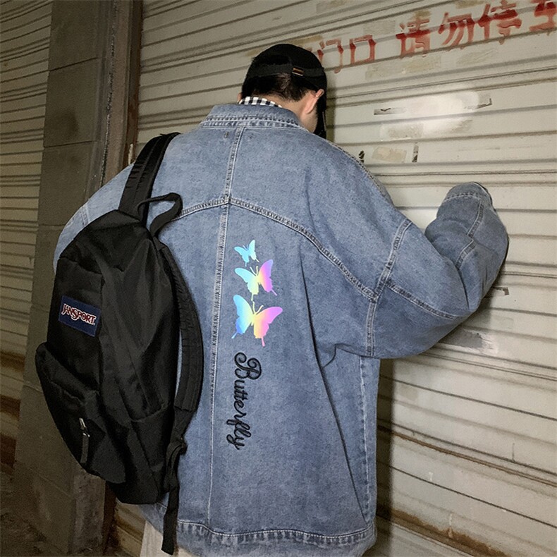 2021秋季新大码男港风情侣夜景反光炫彩蝴蝶印花牛仔外套NJ126P70,男装夹克,电商A001