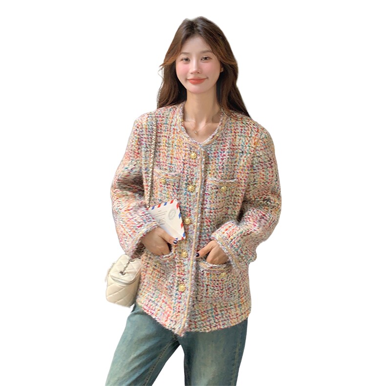 彩色圆领小香风粗花呢短外套女春季2025新款气质宽松百搭编织上衣,女装毛呢外套,天使之佳话