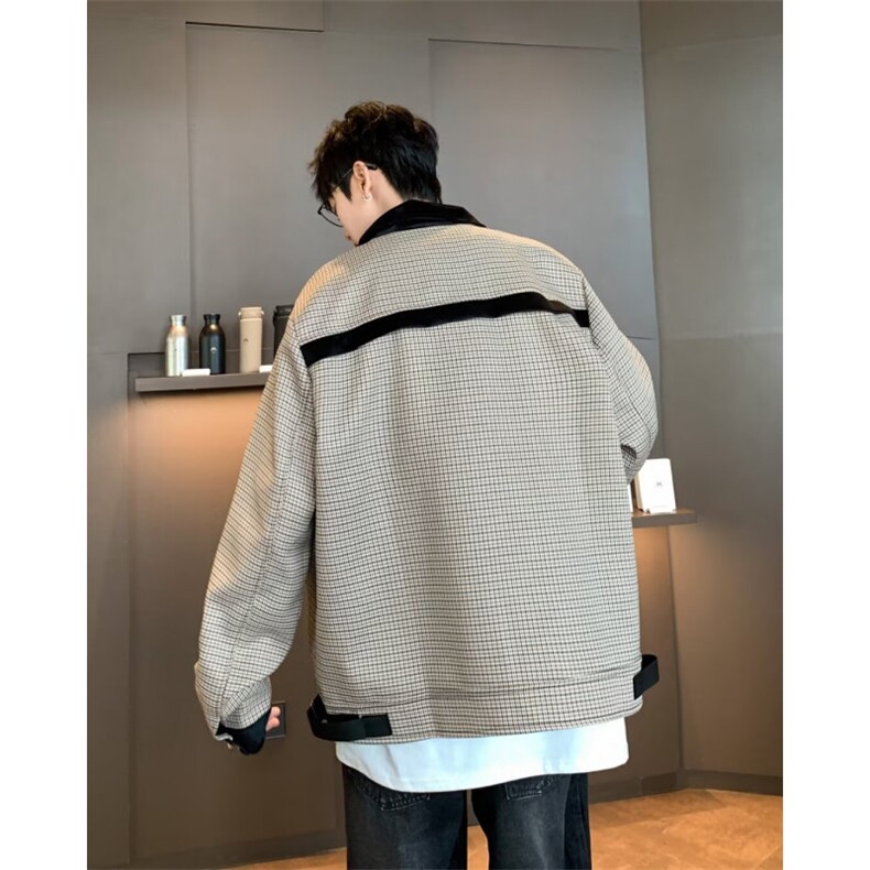 美式拼色千鸟格早秋外套男短款设计高级感双拉链翻领夹克C8881,男装夹克,星座1116A-1（原606A）