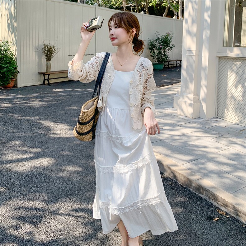 白色蕾丝拼接连衣裙套装女2025夏季新款气质钩花罩衫吊带裙两件套,女装套装/套裙,2C176