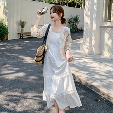 白色蕾丝拼接连衣裙套装女2025夏季新款气质钩花罩衫吊带裙两件套，女装套装/套裙，2C176