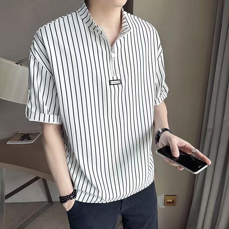 网络图现货条纹半拉链中袖T恤男夏季潮牌宽松痞帅男 RJB24-P55图片